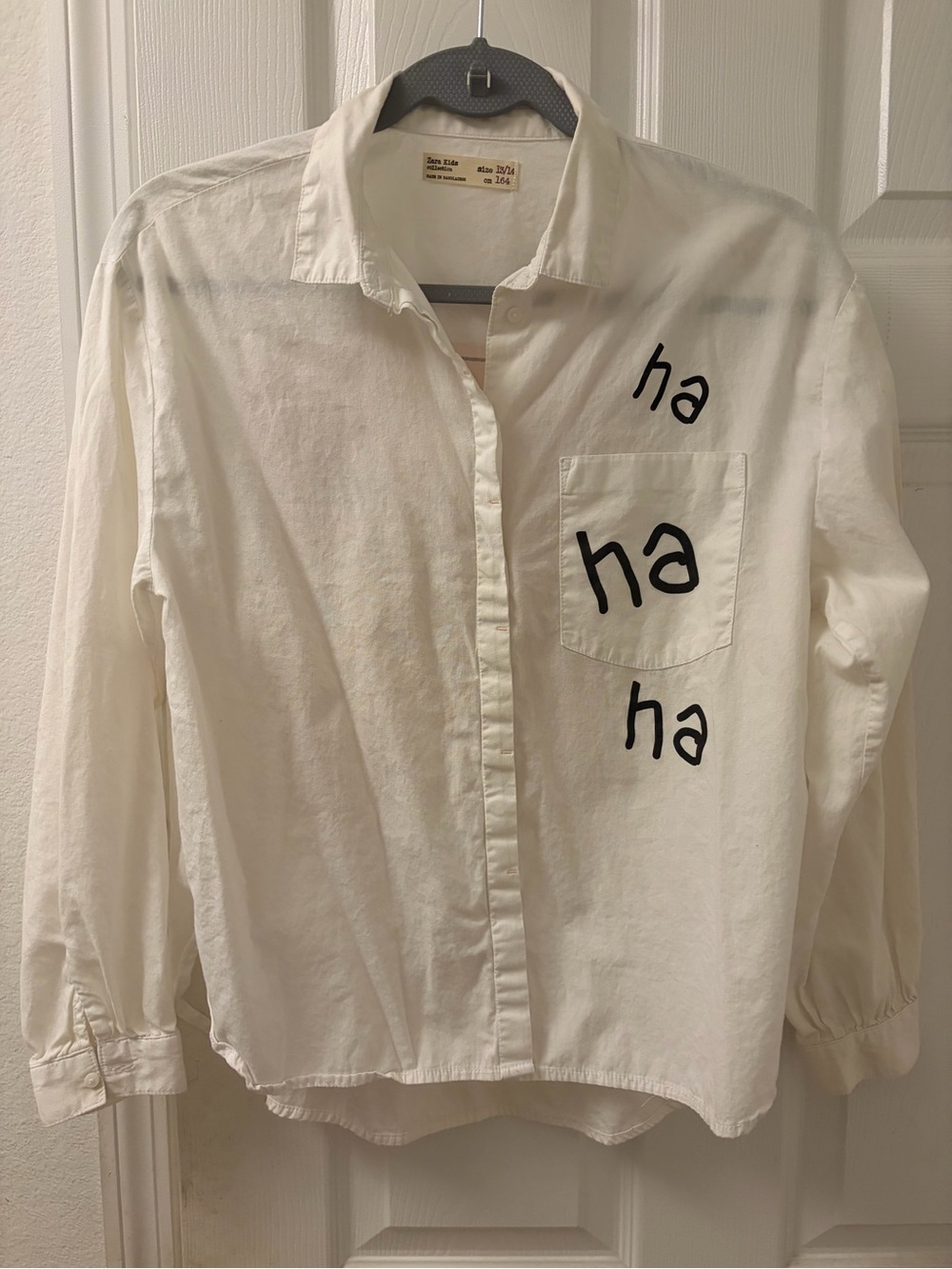Zara White Button-Up Shirt with Black "ha ha ha" Graphic